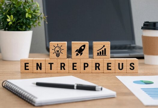 Creative workspace setup featuring wooden blocks spelling entrepreneurs with icons representing innovation growth and success