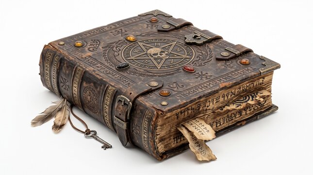 Ancient magical spellbook leather bound grimoire with pentagram and jewels on white background