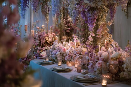 Elegant dinner table set with pink and purple floral decorations