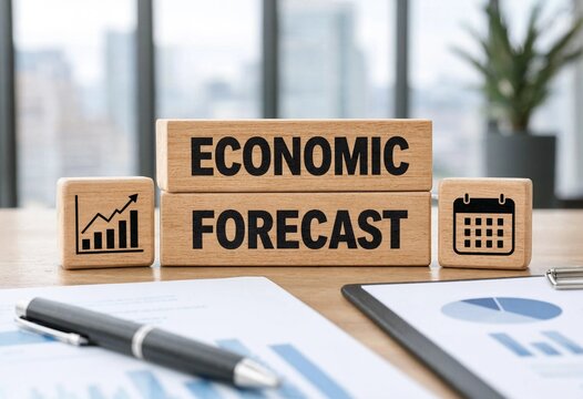 Economic forecast concept with wooden blocks showing growth chart calendar and financial documents on office desk