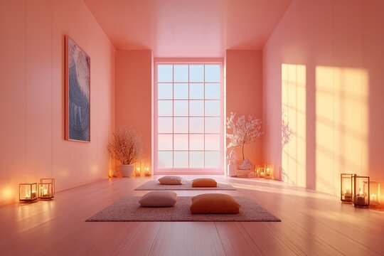 Serene meditation room with pink walls and warm sunset light