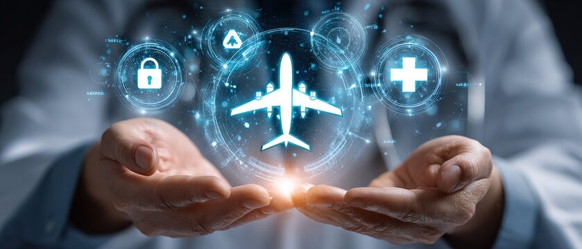 Doctor holding digital airplane and medical icons for travel health