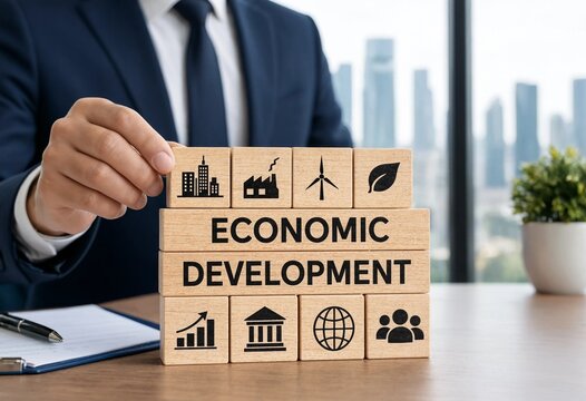 Professional building economic development blocks with business person pointing at urban growth and sustainability icons