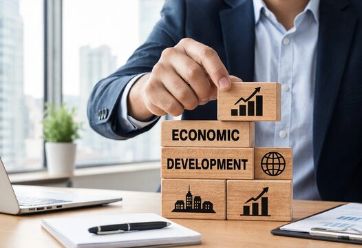 Business professional placing wooden block labeled economic development on a modern office desk with growth charts