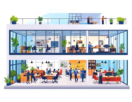 Modern office interior with diverse employees working together.
