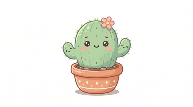 Cute Cartoon Cactus with Pink Flower in Pot - Kawaii Plant Illustration