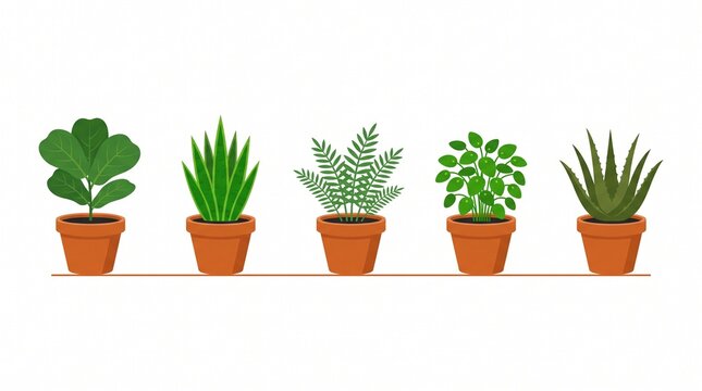 Collection of Modern Houseplants in Terracotta Pots Vector Illustration