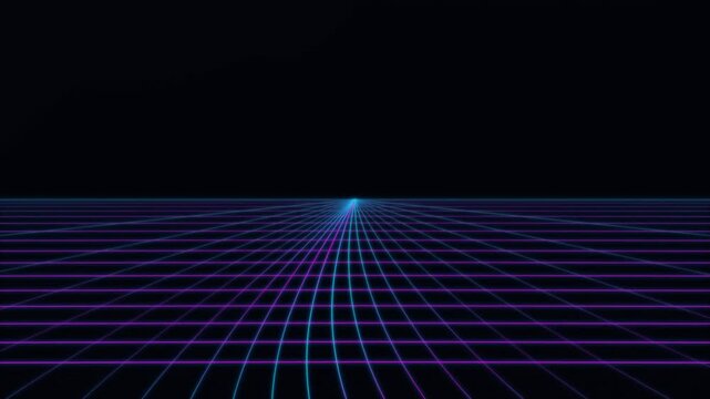 Neon grid landscape moving forward in a retro 80s synthwave style digital space background.