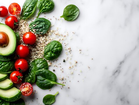 Healthy Superfood Ingredients with Avocado and Quinoa on Marble