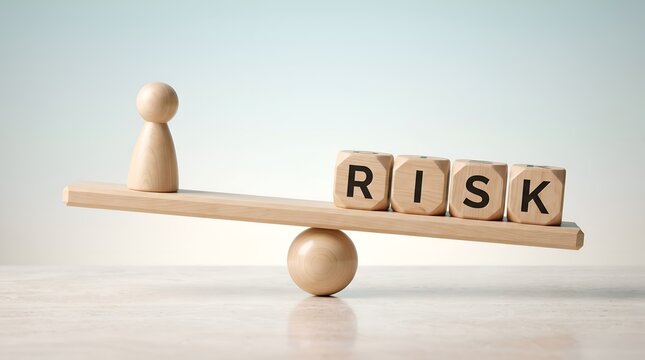 Strategic risk management balance featuring wooden human figure weighing hazard blocks on fulcrum