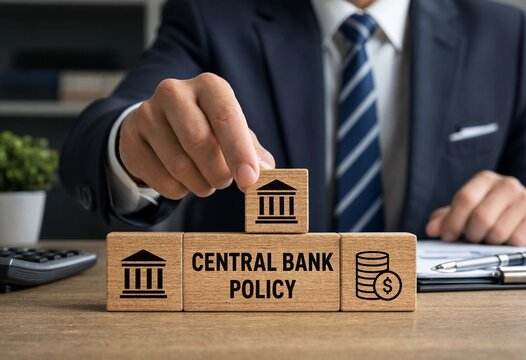 Business professional placing block representing central bank policy on wooden blocks with financial symbols