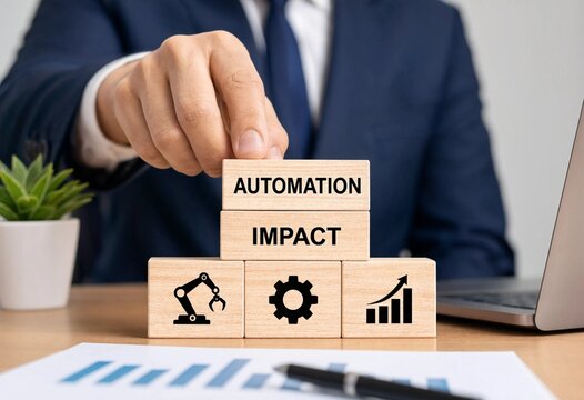 Professional pointing at automation impact blocks symbolizing business efficiency and technological advancement on desk