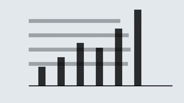 Minimalist bar chart animation, financial growth graph with rising columns, corporate business data visualization on grey background