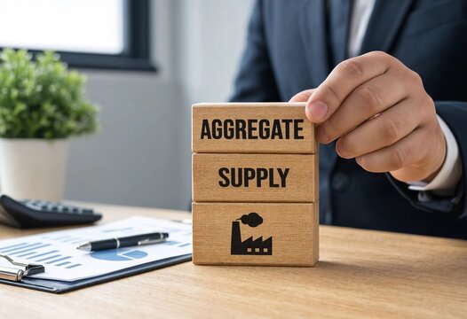Business professional arranging wooden blocks labeled aggregate supply with factory icon on office desk