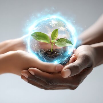 Diverse Hands Holding Sustainability Plant in Glowing Globe