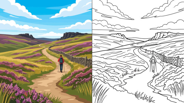 Hiker on a path through heather moorland with stone wall and distant hills