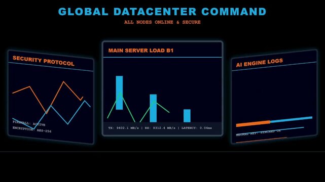 Global datacenter command interface, futuristic server load and security protocol dashboard, AI engine logs with digital data charts