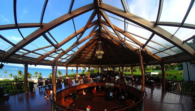 Traditional wooden house interior with dining area.