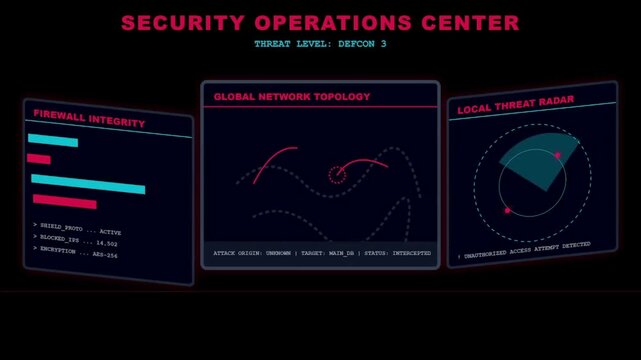 Security Operations Center HUD interface, cyber threat level DEFCON 1 dashboard, firewall integrity and global network topology data visualization