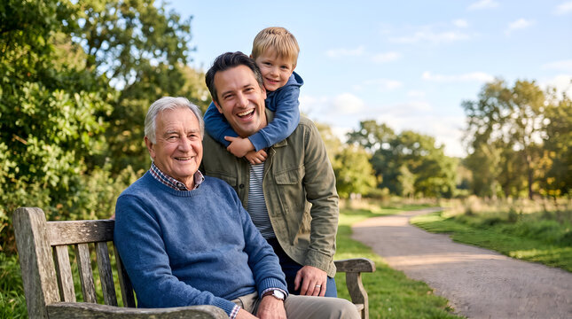 Three generations of happy family members smiling together outdoors in a sunny park setting