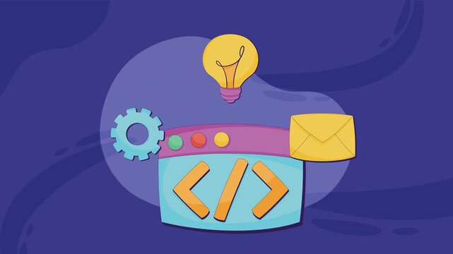 Code Screen Gear Lightbulb and Envelope Icons Set Against Blue Background, Animated Flat Vector Motion Graphic Loop for Software Development Technology Innovation and Email Communication Concept.