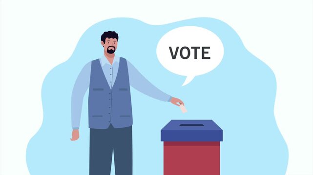 Man in Vest Dropping Ballot Paper Into Box with Vote Speech Bubble, Animated Flat Vector Character Motion Graphic Loop for Political Election Campaign Voting Rights and Democracy Video Concept.