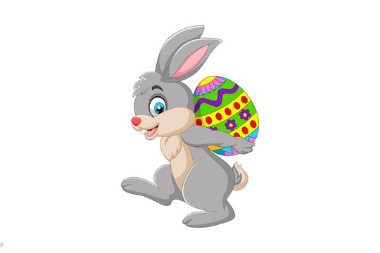 Happy grey bunny rabbit carrying large decorated colorful easter egg