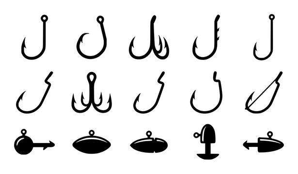 Fishing Hook and Sinker Tackle Vector Icon Set Featuring Single, Double, Triple Barbed Hooks, and Lead Weights for Angling and Outdoor Sports Designs
