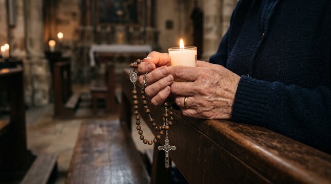 Elderly hands holding a rosary and lit candle in ancient church