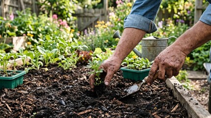 Fototapeta premium Gardener planting green seedlings in a fertile organic garden bed