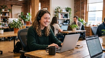 Fototapeta premium Smiling young woman working on laptop with headset in modern coworking space