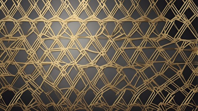 Ornate golden geometric mesh pattern with intricate interwoven lines on a dark background, abstract textured design for elegant concepts.