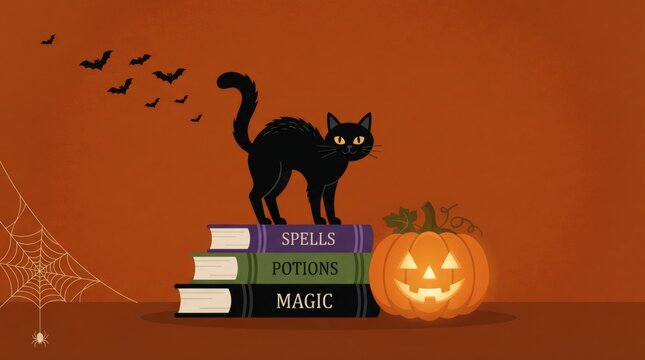 Flat Vector Illustration Deep Orange Background Black Cat Arched Back Sitting Stack Books Carved Pumpkin

