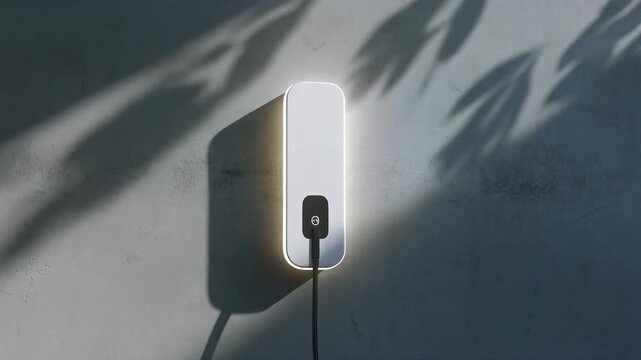 Minimalist smart home EV wallbox charger on modern concrete wall with cinematic moving tree shadows