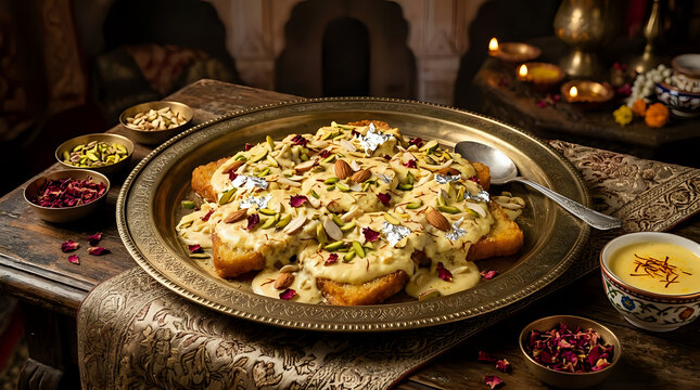 Traditional indian shahi tukray bread pudding dessert garnished with silver leaf and chopped nuts traditional pistachio delicious cardamom festival