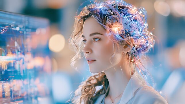 Medical medical brain-computer interface research, patient with non-invasive EEG headset controlling computer cursor by thought alone, concentration visible, neurofeedback data streaming on 