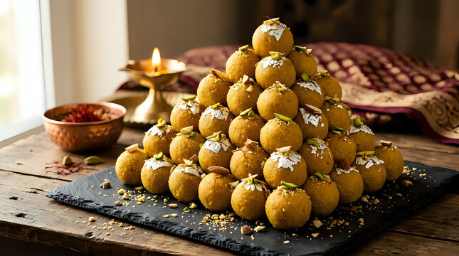 Traditional indian laddoo sweet arranged in a large pyramid tower on black slate board with candle traditional celebration delicious homemade