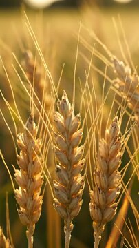 Golden wheat ear field closeup agriculture rural farm crop outdoor nature cereal plant grain sunlight summer harvest season detail serene backdrop spike background warm light sunrise peaceful scene