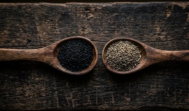 Black Nigella Seeds Kalonji and Carom Seeds Ajwain in Wooden Spoons Flat Lay
