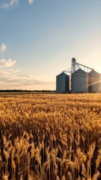 Golden wheat field farm grain silo barn rural landscape sunrise sunset blue sky clear evening sky tranquil nature background peaceful cereal crop harvest season agriculture countryside scene
