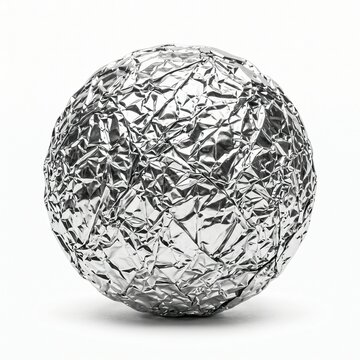 A sphere covered in crinkled aluminum foil, reflecting light. 