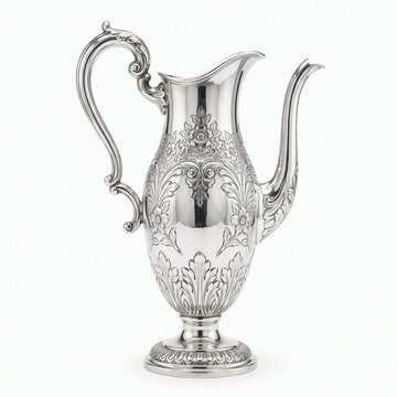 An ornate antique silver pitcher with intricate floral engravings, standing on a decorative base. 