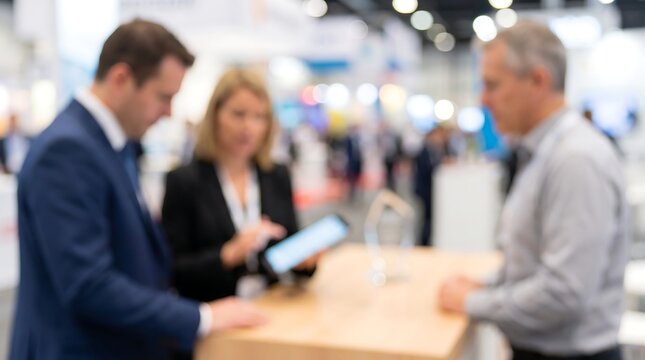 Business people interacting at a trade show booth with blurred background and digital tablet usage for professional networking and corporate engagement at an international industry exhibition