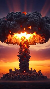 A massive fiery mushroom cloud erupts violently against a bright orange and yellow sky