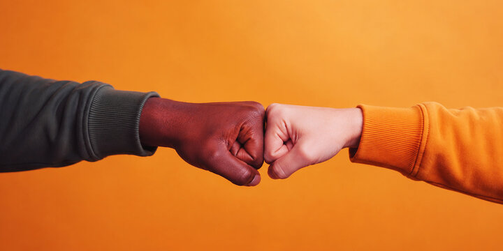 Two diverse hands performing a fist bump gesture as a symbol of unity and friendship against orange
