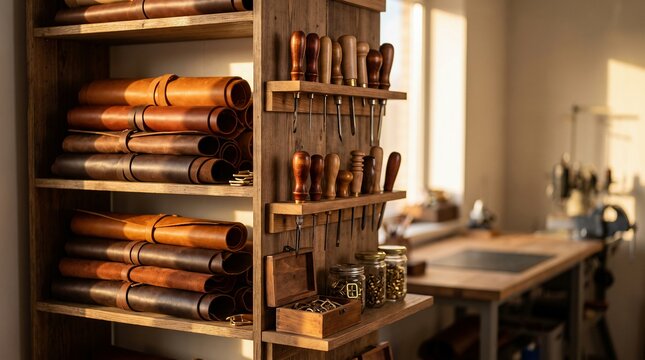 Leather sheets rolled on wooden shelves, with crafting tools and brass hardware, workshop and artisanal craft concept.