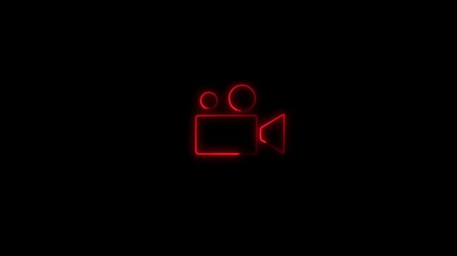 Neon red cinema camera animation on black background, for media production, glowing
