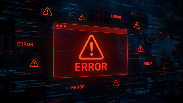 Error message window glows in bright red neon over dark blue digital binary data.