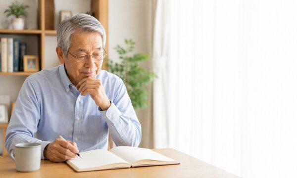自宅でノートに書きながら老後の生活や将来について考えるシニア男性