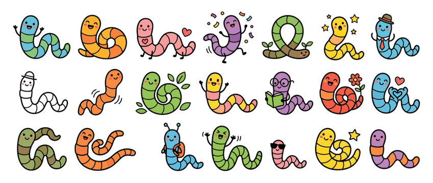 Cute cartoon worms with happy faces and diverse poses